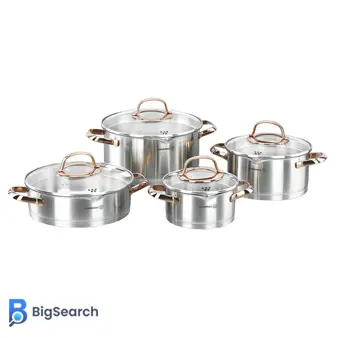 بهترین سرویس پخت و پز استیل کرکماز مدل رزانا ۸ پارچه با درب شیشهای مقاوم و بدنه براق ضدزنگ