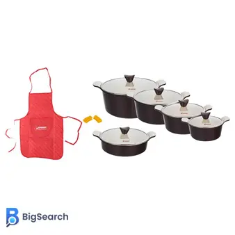 سرویس ۱۰ پارچه قابلمه کاندید مدل اسکار با قابلمههای ۲۰ تا ۳۲ سانتی، تابه ۲۸ و درب شیشهای سوپاپدار