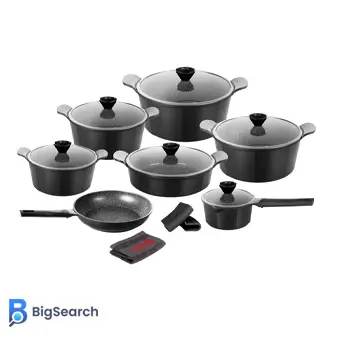 سرویس ۱۶ پارچه قابلمه و تابه کاندید مدل اسکار با بدنه دایکست، روکش بایوگرانیت، شیرجوش و درب شیشهای