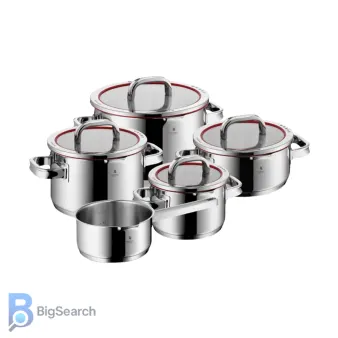 سرویس قابلمه دبلیو ام اف (WMF) مدل Function 4، با درپوش شیشهای چهارحالته و حلقه سیلیکونی قرمز